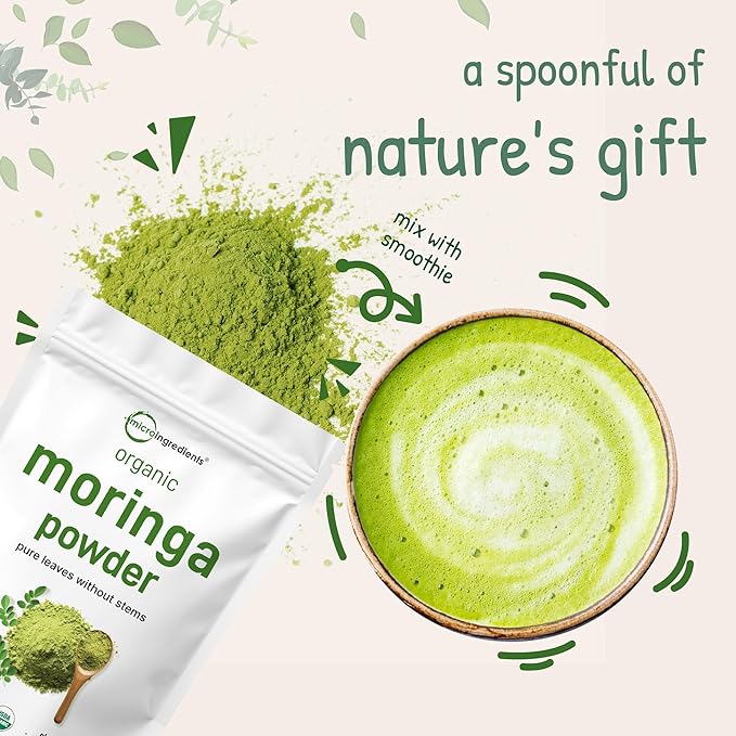 Organic Moringa Oleifera Leaf Powder, 1 Pound | Rich in Antioxidants & Immune Vitamins | Pure Leaves Without Stems | Great Superfoods for Tea or Drink | India Grown, Vegan