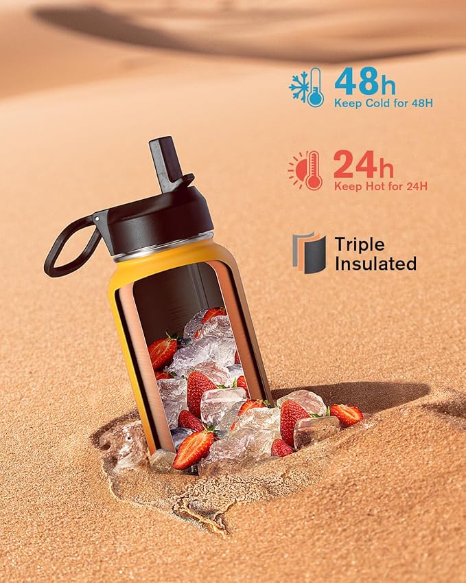 Water Bottle 40 oz Insulated with Straw&Brush, Coolflask Vaccum Stainless Steel Metal 3 Lids Water Flask for Sports, Gym or Office, Keep Cold 48H Hot 24H, Ombre Yellow/Orange