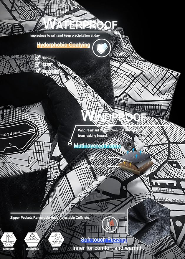 OTU Men's Waterproof Ski Jacket Snowboarding Windbreaker Warm Winter Hooded Mountain Snow Coat