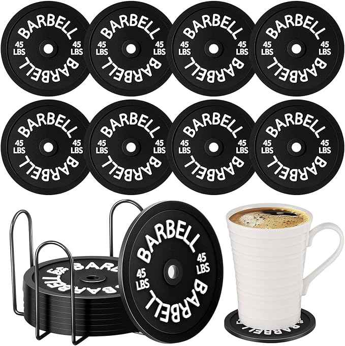 8 Pcs Barbell Bumper Plate Cool Coasters Round Silicone Coasters Weight Plate Coaster with Rack Holder for Gym Lovers Gym Accessories(Black)