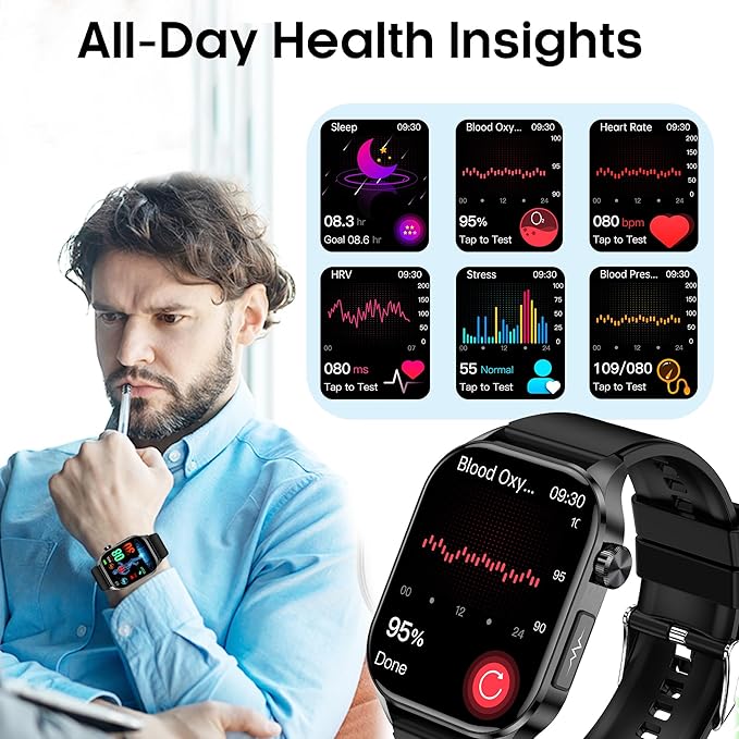 Advanced Health Smartwatch for Women Men with Real-Time Monitoring of Heart Rate, Blood Oxygen, Body Temperature, Blood Pressure, Sleep Quality and Stress Levels, Always-On Display, for Android & iOS