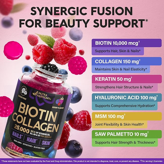 Biotin Gummies with Collagen - Hair Growth Support Skin, & Nail Strength - for Women & Men - Biotin 10000mcg | Keratin | Hyaluronic Acid | B-Complex | Saw Palmetto - Sugar-Free, Mixed Berry - 60 Gummy