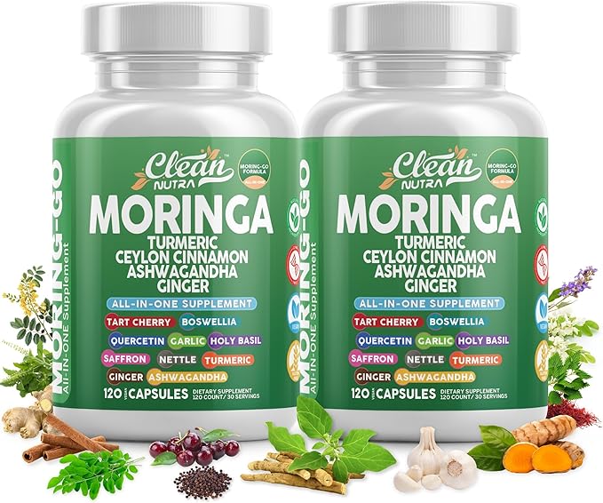 Moringa Powder Capsules + Turmeric Moringa Leaf Ceylon Cinnamon Ashwagandha Ginger Tart Cherry Boswellia Quercetin Garlic Holy Basil Saffron Nettle Black Pepper Moring-Go Supplement By Clean Nutra (2)