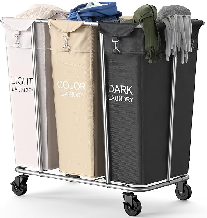 PLKOW Laundry Sorter 3 Section, 220L Large Laundry Cart with Wheels 3 Hamper Laundry Sorter with Steel Frame and Removable Bag, Rolling Laundry Cart for Home, Laundry Room, Hotel, 6 Bushel