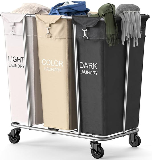 PLKOW Laundry Sorter 3 Section, 220L Large Laundry Cart with Wheels 3 Hamper Laundry Sorter with Steel Frame and Removable Bag, Rolling Laundry Cart for Home, Laundry Room, Hotel, 6 Bushel