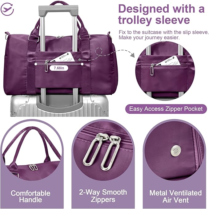FIORETTO Womens Gym Tote Duffle Bag with Wet Pocket & Shoe Compartment, Sports Duffel Overnight Weekender Hospital Workout Carry on Bag for Girls, Ideal for Travel, Swimming, Dance, Ballet Dark Purple