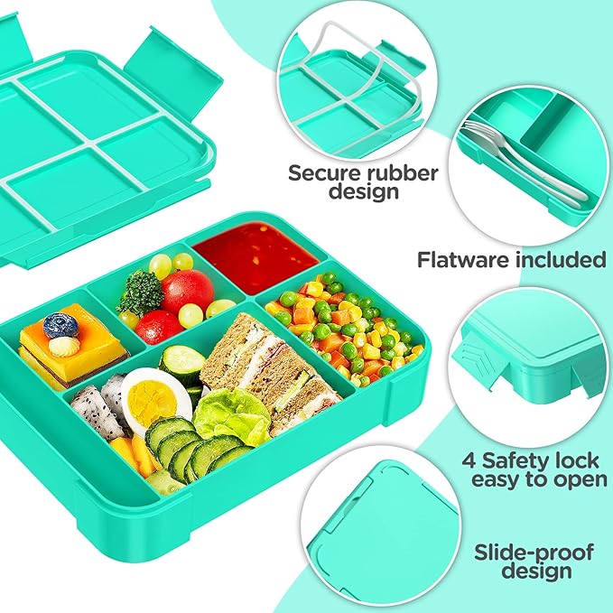 Bento Box Adult Lunch Box, Bento Box Lunch Box Snack Containers for Kid/Adult/Toddler, 6 Compartment Bento Lunch Box for Kids,Microwave & Dishwasher & Freezer Safe(Green)