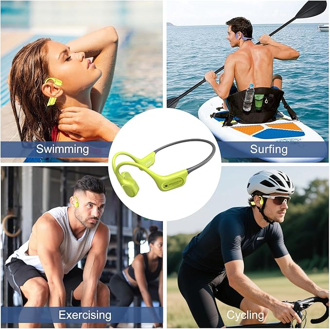 Bone Conduction Bluetooth Headphones-SurfAudio, IP68 Waterproof Swimming Headphones with 32GB MP3 Player, Lightweight Open Ear Design for Swimming/Surfing/Marathon/Cycling(Neon)