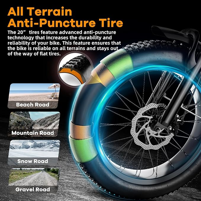 1000W Folding Electric Bike, 48V 20AH Large Removable Battery E Bike, 30+MPH, 80 Miles Max Range, 20" Fat Tire Electric Bike for Adults, Adult Electric Bicycles for Commute Beach Snow