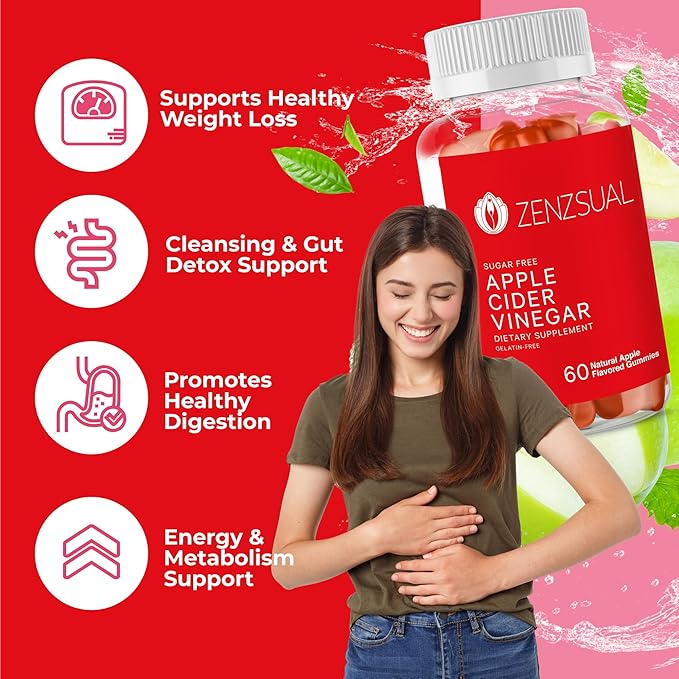 Zenzsual Apple Cider Vinegar Gummies – Digestive, Metabolism and Immune Health Support, Boost Energy – ACV Gummies with VIT B12, Beetroot & Pomegranate - Gelatin and Gluten Free (60 Gummies)