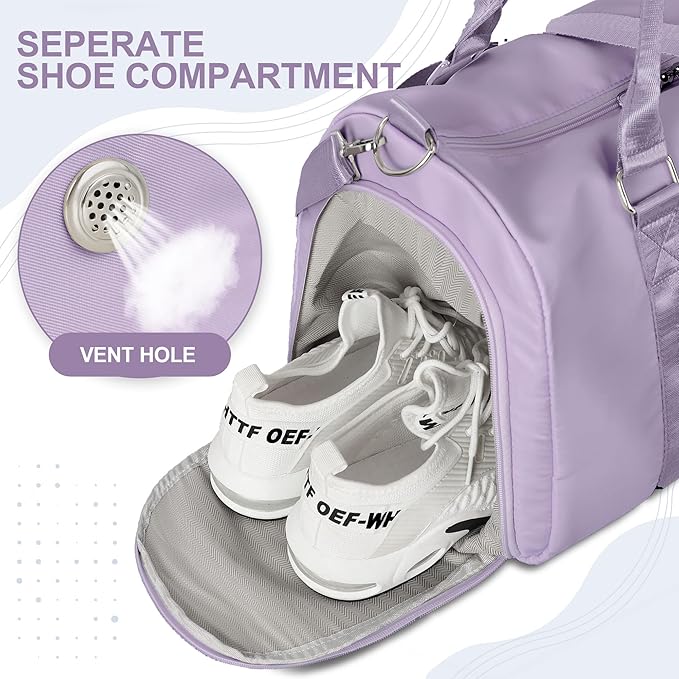 FIORETTO Womens Gym Tote Duffle Bag with Wet Pocket & Shoe Compartment, Sports Duffel Overnight Weekender Hospital Workout Carry on Bag for Girls, Ideal for Travel, Swimming, Dance, Ballet Purple