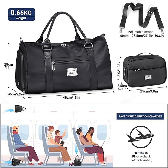 FIORETTO Womens Gym Tote Duffle Bag with Toiletry Bag, Sports Duffel Overnight Hospital Workout Carry on Bag for Girls with Wet Pocket & Shoe Compartment, Ideal for Travel, Swimming, Dance Black