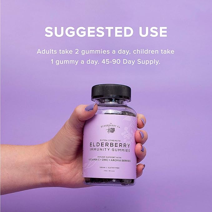 The Elderberry Co. Extra Strength Elderberry Gummies with Vitamins C, D,E and Zinc for All-Natural Immune Support, No Artificial Ingredients (90 Count)