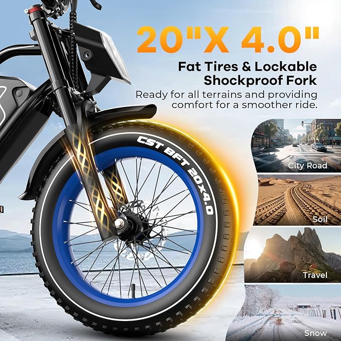 1500W Electric Bike for Adults,48V 20/60Ah Removable Battery Max Range 80Miles & 30MPH Electric Bicycle,20''ร4" Fat Tire Ebike,Adult Electric Bicycles for Commute Beach Snow,E-Bike UL Certified