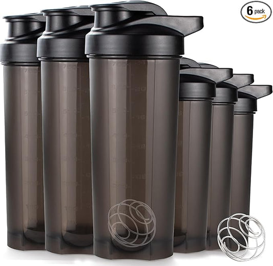 ShakerZoo-6 Pack-Protein Shaker Bottles for Protein Mixes, Shaker Cups for Protein Shakes, 3 pcs 24 ounce and 3 pcs 20 ounce (Black)