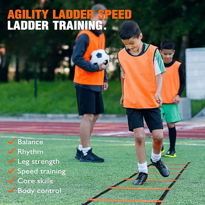 Soccer Training Equipment, Speed Agility Training Equipment for Kids Youth Adults, 20ft Agility Ladder, 4 Hurdles, Jump Rope, 12 Soccer Cones, Running Parachute, Football Training Equipment