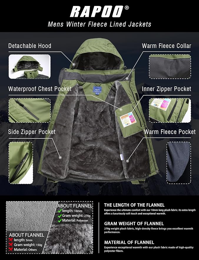 Rapoo Men's Winter Ski Snow Jacket Mountain Waterproof Windproof Rain Jacket