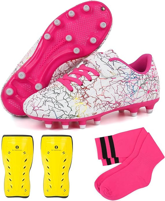 brooman Kids Firm Ground Soccer Cleats Girls Football Cleats with Shin Guards and Soccer Socks