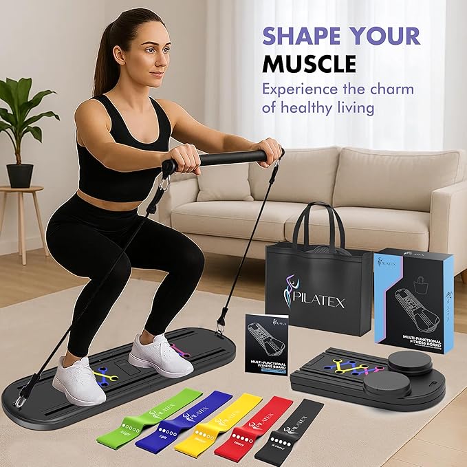 Pilates Board – Foldable Pilates Reformer with Resistance Bands, Bar & Travel Bag – Full-Body Strength & Ab Training Equipment for Women & Men, 15 in 1