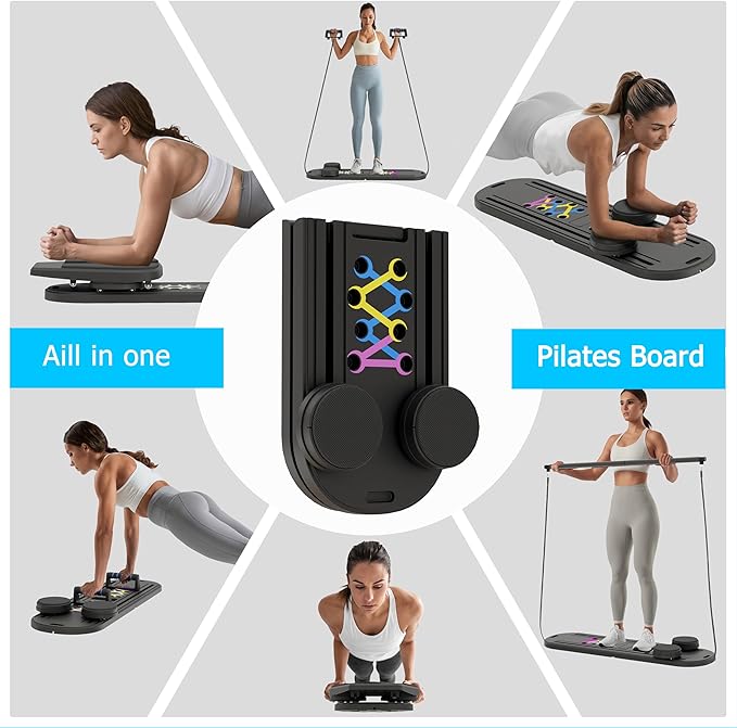 Pilates Board, 6 in 1 Pilates Reformer Set, Foldable Pilates Reformer Machine with Resistance Bands & Ab Trainer for Home Workout, Portable Pilates Board for Women