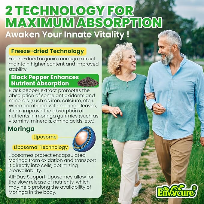 Organic Moringa Gummies 1000mg for Women Men, Liposomal Nutrient-Dense Pure Green Superfood, w/Vegan Omega-3, Boswellia, L-Theanine & Probiotic, for Energy, Focus, Antioxidants & Gut Health, 120Cts