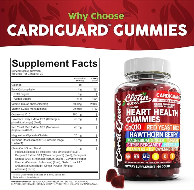 Clean Nutraceuticals Coq10 Gummies | Red Yeast Rice Hawthorn Berry Ginger Turmeric Citrus Bergamot Hibiscus Vitamin K2+D3 Magnesium Glycinate Cayenne Pepper Fenugreek Orange Flavor CardiGuard