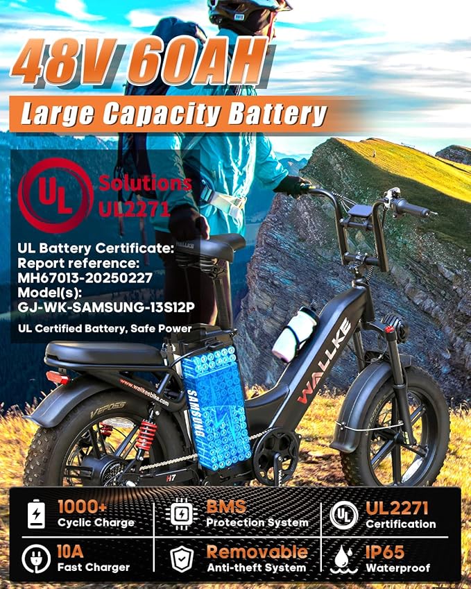 W Wallke H7 AWD Dual Motor Electric Bike for Adult, 48V 60Ah/40Ah Removable Battery, Long Range 32-34MPH Fast Ebike, 20" Fat Tire Mountain Offroad All Terrain Full Suspension E-Bicycle, UL2849 List