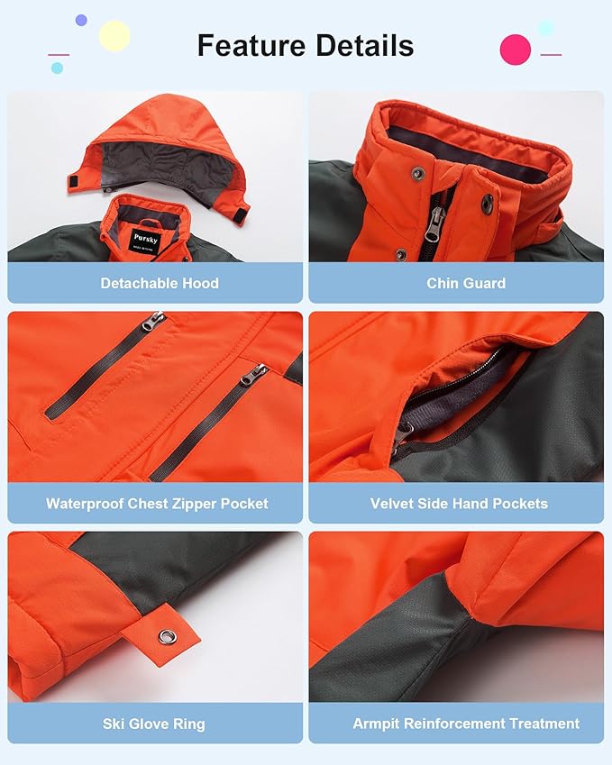 Pursky Boy's Waterproof Ski Jacket Kids Winter Snow Coats Fleece Raincoats Parka