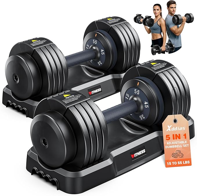 XDDIAS Adjustable Dumbbell Set of 2, 25/55/80LB Dumbbell Set-1Sec Adjustable Weights-5/10 in 1 Free Weights Dumbbells Set with Effortless Tray/No-Slip Handle-Compact Size for Women/Men at Home Gym