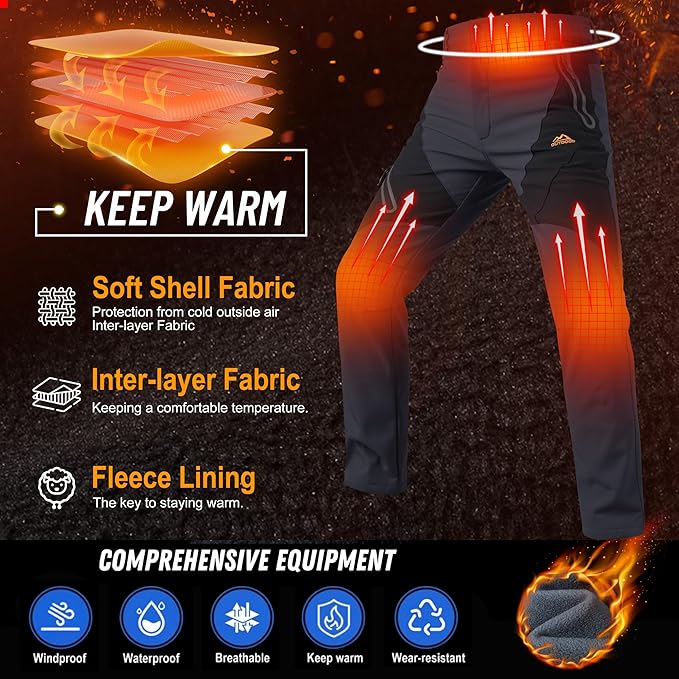 TACVASEN Men's Skiing Snow Pants Fleece Lined Waterproof Winter Insulated Hiking Pant for Outdoor Work Hunting Cargo