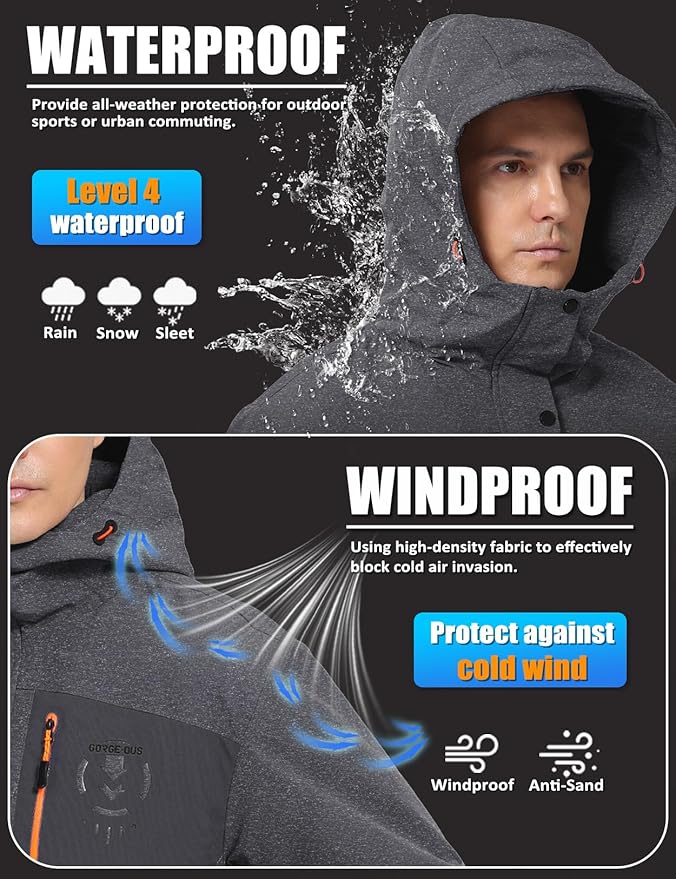 Men's Winter Jacket Waterproof Ski Snow Coat Windproof Snowboard Hooded Raincoats with Warm Graphene lining