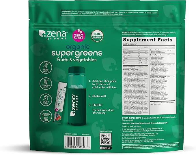 Zena Nutrition Organic Super Greens Powder, 70+ Superfoods, 0 Sugar, 5G Fiber, Spirulina, Chlorella, Antioxidants, Prebiotics/Probiotics, Digestive Enzymes, Mixed Berry, 45 Drink Mix Packets