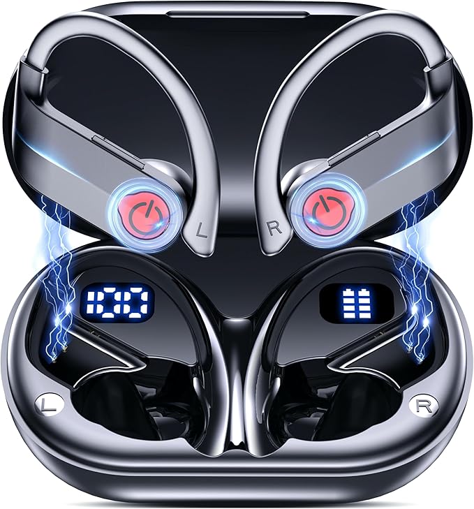 EUQQ Ear Buds Wireless Bluetooth Earbuds, Noise Cancelling Headphones 120H Playtime,IPX7 Waterproof Sports with Earhooks,LED Display Wireless Earphones for Running Gym Workout-Black