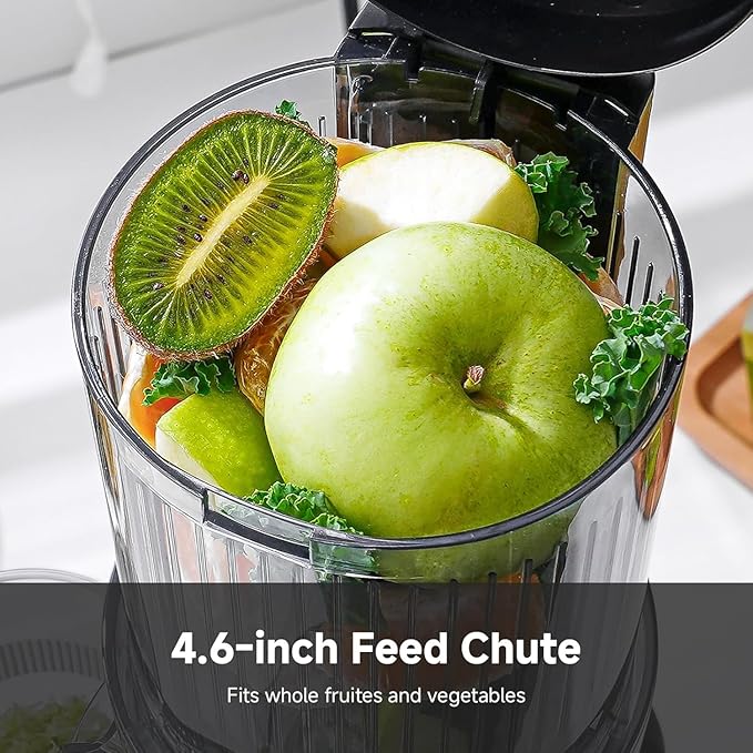 AMZCHEF Cold Press Juicer, Juicer Machines - 4.6" Large Feed Chute for Whole Fruits & Vegetables, Stainless Steel Slow Masticating Juicer Easy to Clean, Large Auger, Double Strainers, Silver