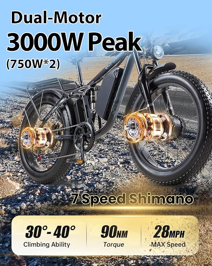 Peak 3000W Dual Motor Ebike for Adults, 48V 25AH Long Range Electric Mountain Bike, 30-34MPH Step-Thru Unlocked Electric Bike