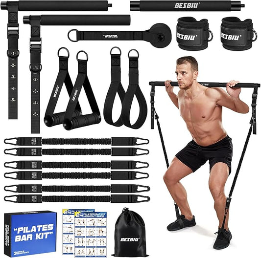 Pilates Bar Kit with Resistance Bands for Working Out, 210lbs Heavy Resistance Bands with Handles, Pilates Equipment with Resistance Band Bar for Men Women, at Home Gym Full Body Workout Equipment