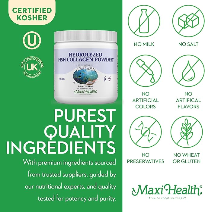 Maxi Health Collagen Peptides Powder – Type I Unflavored Marine Powder Collagen for Women & Men - Wild-Caught Protein Supplement for Joints, Skin, Hair & NailNails (5.46 oz)