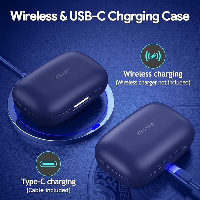 GOLREX Active Noise Cancelling Ear Buds Wireless Earbuds Bluetooth Headphones with 80H Playtime LED Display Wireless Charging Case, Over-Ear Hooks Earbud for Sports Running Gym Workout Blue