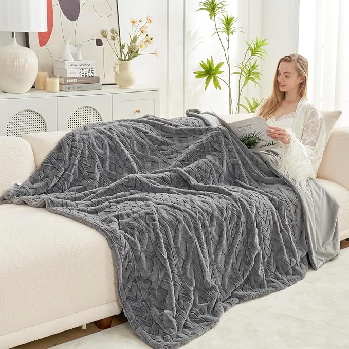Cozy Bliss Faux Fur Throw Blanket for Couch, Jacquard Fuzzy Plush Soft Thick Winter Throw Blanket for Sofa Bed Living Room Bedroom,60"x80" Grey