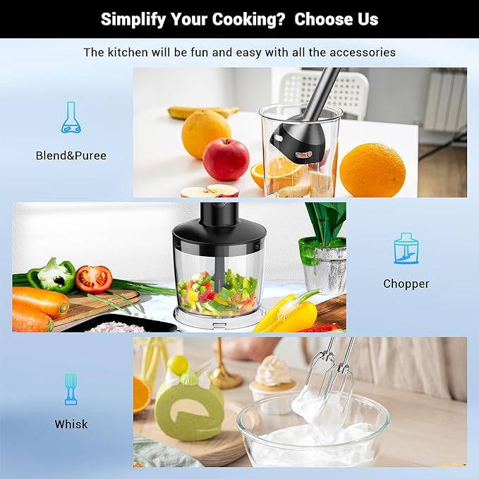 Immersion Blender RPM 16000±10% Scratch Resistant Hand Blender,15 Speed and Turbo Mode Hand Mixer, 3-in-1 Heavy Duty Copper Motor Stainless Steel Smart Stick with Egg Beaters and Chopper