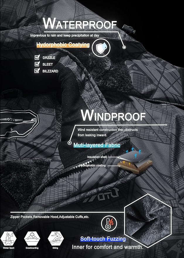OTU Men's Waterproof Ski Jacket Snowboarding Windbreaker Warm Winter Hooded Mountain Snow Coat