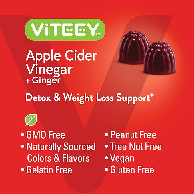 Viteey Apple Cider Vinegar Gummies and Ginger – 1000 mg ACV Gummies for Weight Loss, Detox and Digestion – Vegan, Gluten-Free – 60 Count