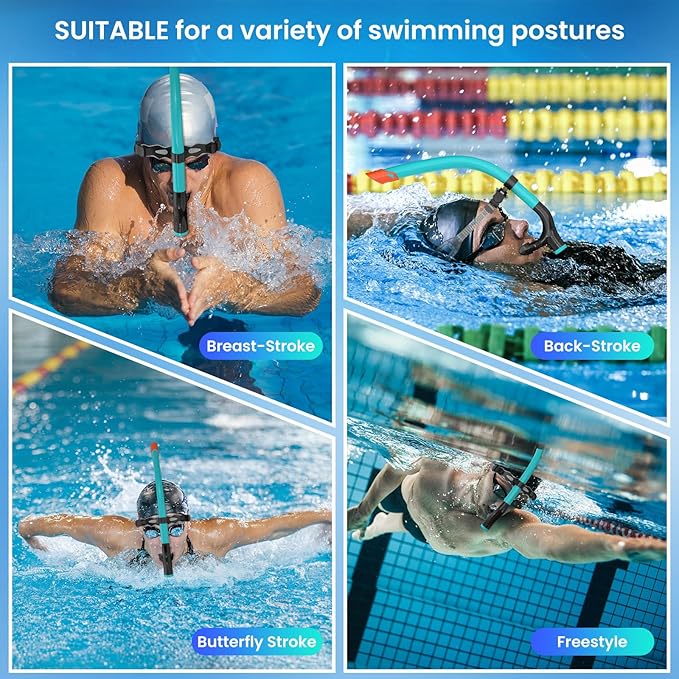 Swimmer's Snorkel for Lap Swimming, Adult Snorkeling Gear Swim Training, Center-Mount Silicone Mouthpiece One-Way Purge Valve in Pool and Open Water