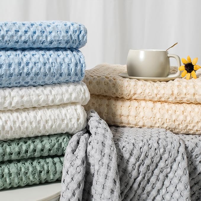 Carriediosa 100% Cotton Waffle Weave Blanket 400GSM Breathable Thermal Blankets for Bed Couch Sofa Soft and Cozy Throws for All Season Home Decor, 50"X 60" Light Grey