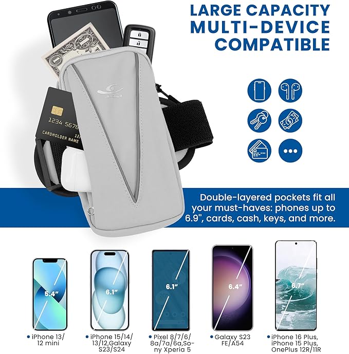 HiRui Cell Phone Holder Arm Bag & Wrist Bag for Phone, Sports Running Armband for Gym & Cycling, Compatible with iPhone 16/16Pro/Plus/15/14 Samsung Galaxy All Phones, Reflective & Adjustable (Gray)