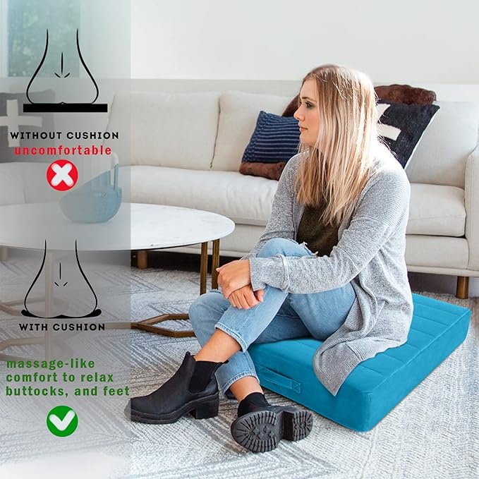 MeMoreCool Square Floor Pillow Seating for Adults Kids, Large Meditation Cushion Floor Pillow with Thick Foam & Soft Tufted Cover, Washable Big Pillow Seat Floor Cushion for Sitting Yoga 22" Blue