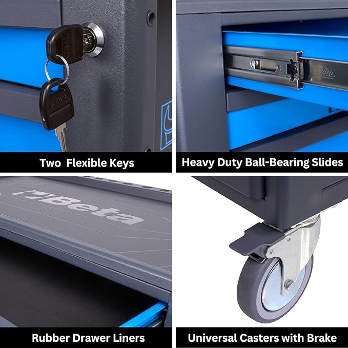 Beta RSC24 Heavy Duty Rolling Tool Cabinet, 8 Drawers, Blue, Ball Bearing Slides, Rubber Mat Liners, 5" Casters, Anti-Fall Edge Worktop, 1760 lbs Load Capacity, Made in Italy