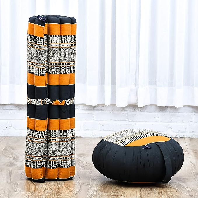 Leewadee Meditation Cushion Set – 1 Round Zafu Meditation Pillow and 1 Square Roll-Up Zabuton Meditation Mat, Pillows Bundle Filled with Kapok