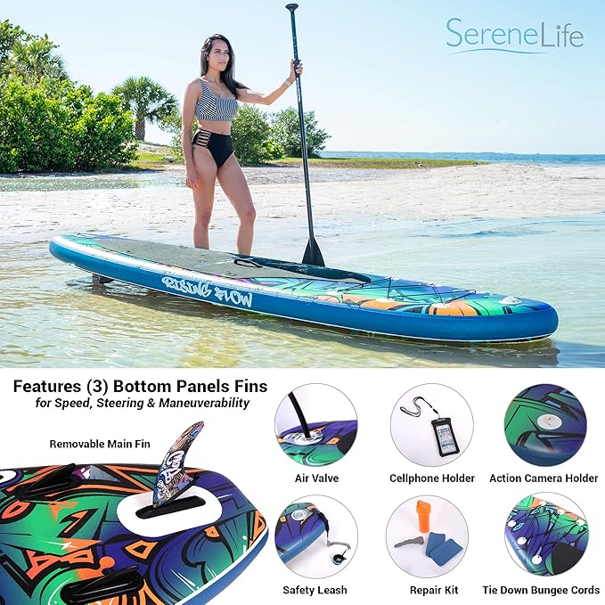 SereneLife Inflatable Stand Up Paddle Board with Premium SUP Accessories – Wide Stable Design with Non-Slip EVA Deck Pad for Adults and Youth of All Skill Levels