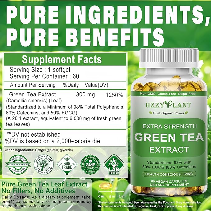 Green Tea Extract Softgels, High Absorption Green Tea Softgel Capsules for Energy Metabolism Antioxidant Immune Skin Heart Support, Herbal Supplement 50% EGCG for Men & Women,Non-GMO,2 Month Supply